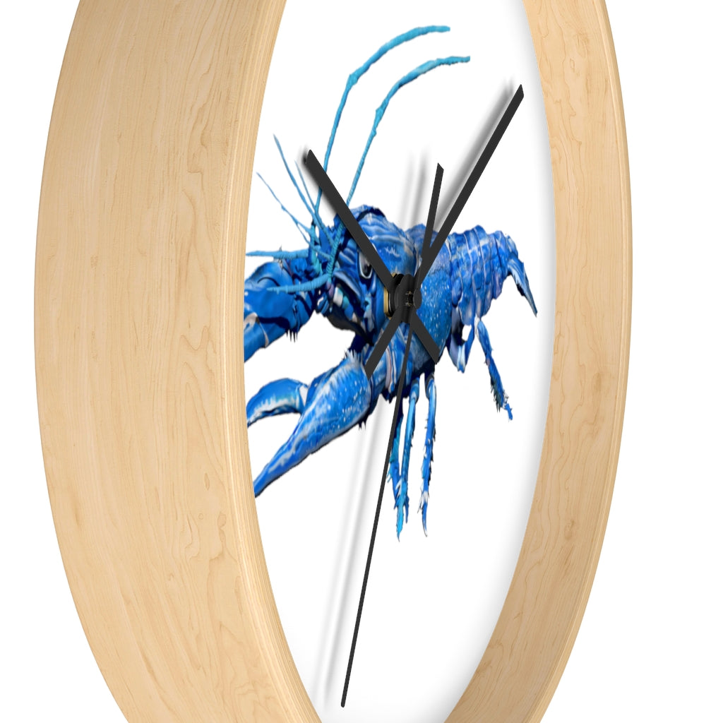 Blue Crawfish Wall Clock with wooden frame and plexiglass face, showcasing a vibrant crawfish design.