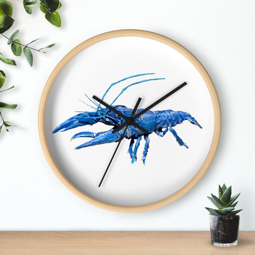 Blue Crawfish Wall Clock with wooden frame and plexiglass face, showcasing a vibrant crawfish design.