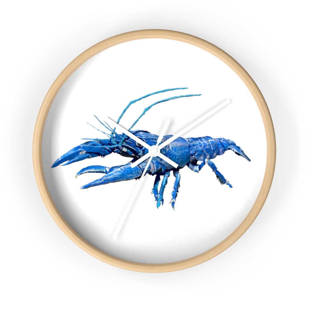 Blue Crawfish Wall Clock with wooden frame and plexiglass face, showcasing a vibrant crawfish design.