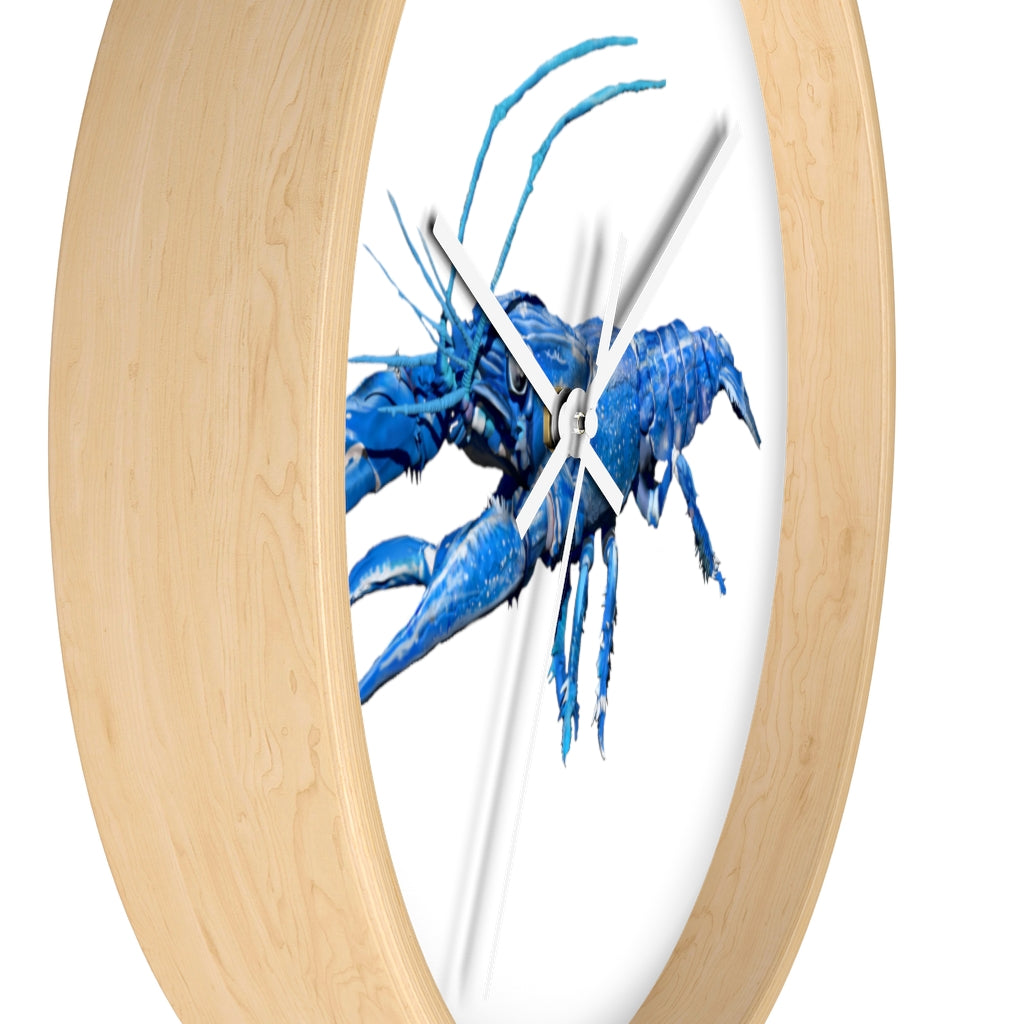 Blue Crawfish Wall Clock with wooden frame and plexiglass face, showcasing a vibrant crawfish design.