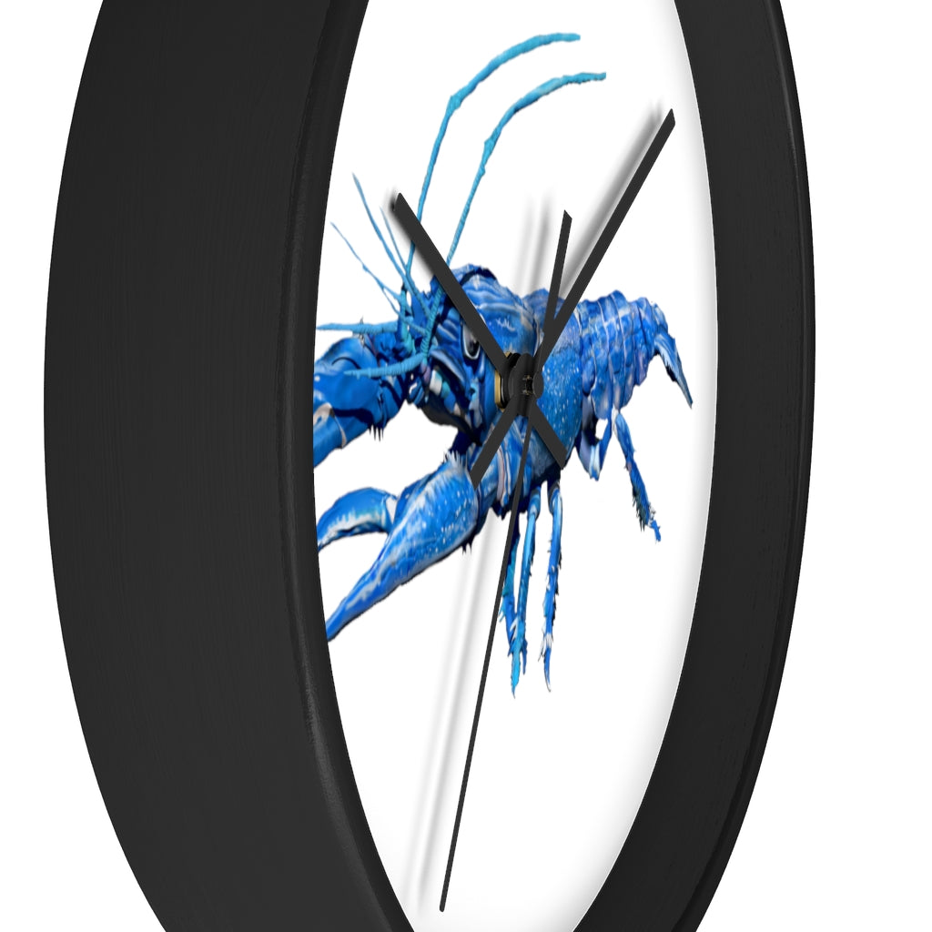 Blue Crawfish Wall Clock with wooden frame and plexiglass face, showcasing a vibrant crawfish design.