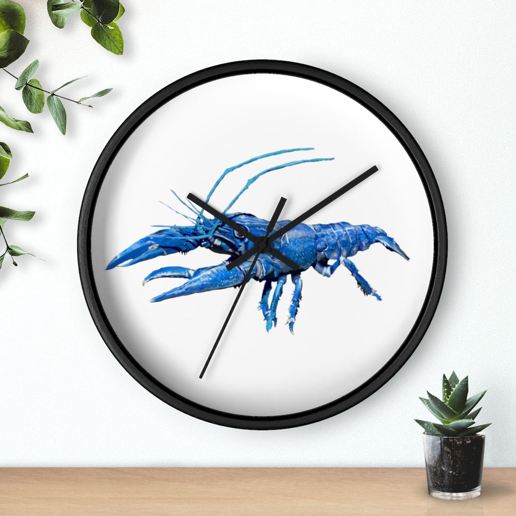 Blue Crawfish Wall Clock with wooden frame and plexiglass face, showcasing a vibrant crawfish design.