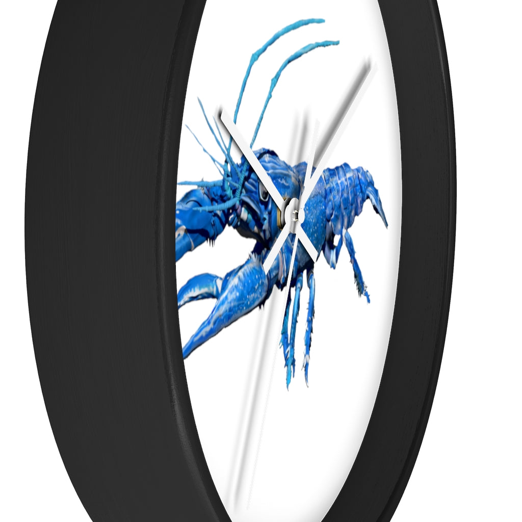 Blue Crawfish Wall Clock with wooden frame and plexiglass face, showcasing a vibrant crawfish design.