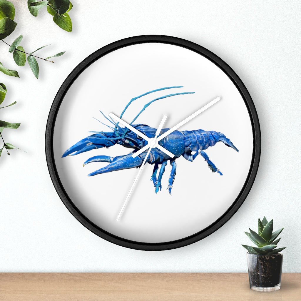 Blue Crawfish Wall Clock with wooden frame and plexiglass face, showcasing a vibrant crawfish design.