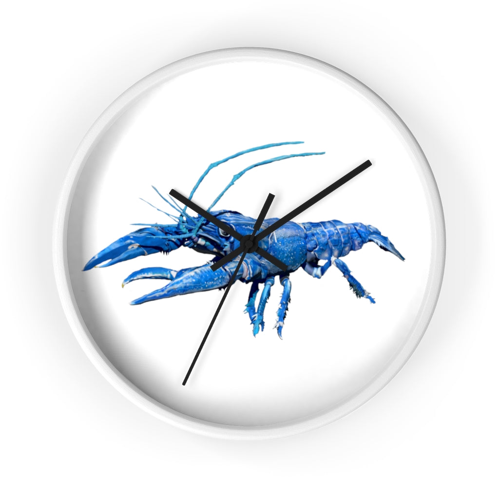 Blue Crawfish Wall Clock with wooden frame and plexiglass face, showcasing a vibrant crawfish design.