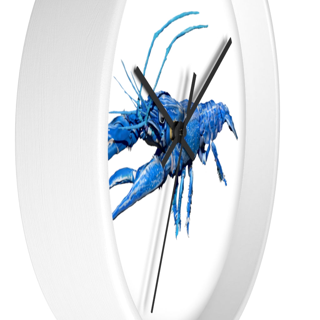 Blue Crawfish Wall Clock with wooden frame and plexiglass face, showcasing a vibrant crawfish design.