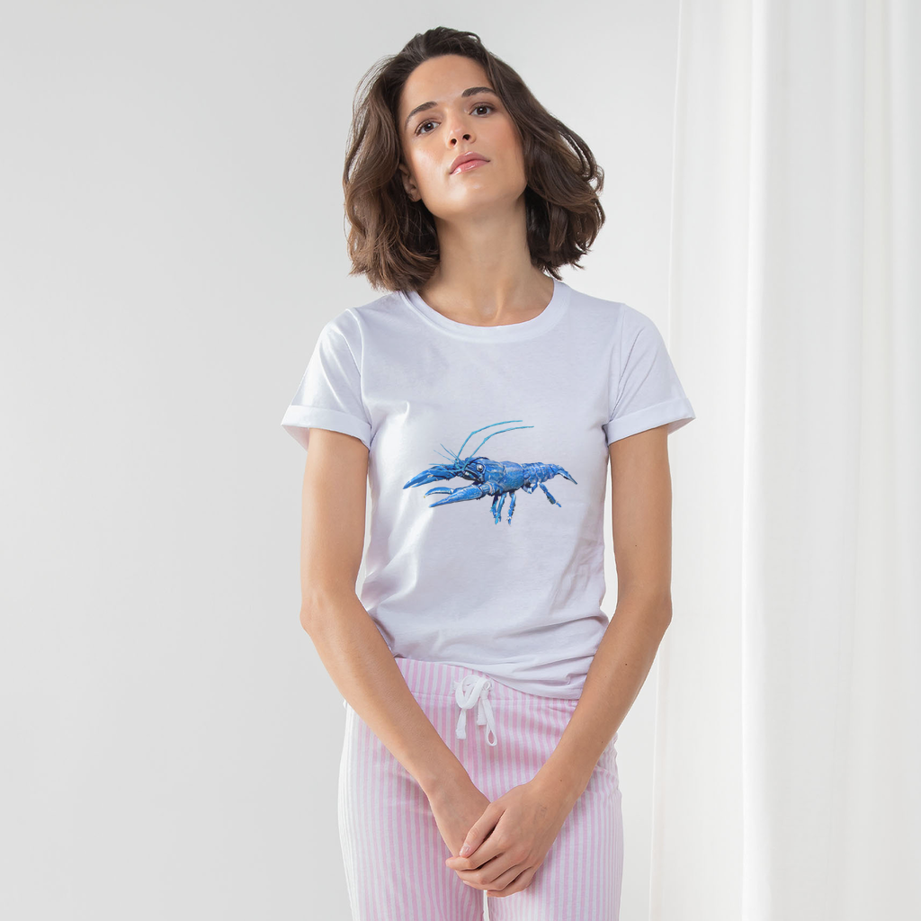 Blue Crawfish Women's Long Pant Pyjama Set featuring a white t-shirt with turn-up cuffs, heather grey or light pink striped pants, and a matching drawcord bag.