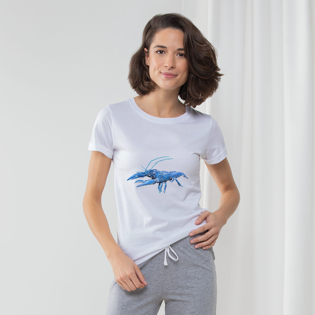 Blue Crawfish Women's Long Pant Pyjama Set featuring a white t-shirt with turn-up cuffs, heather grey or light pink striped pants, and a matching drawcord bag.