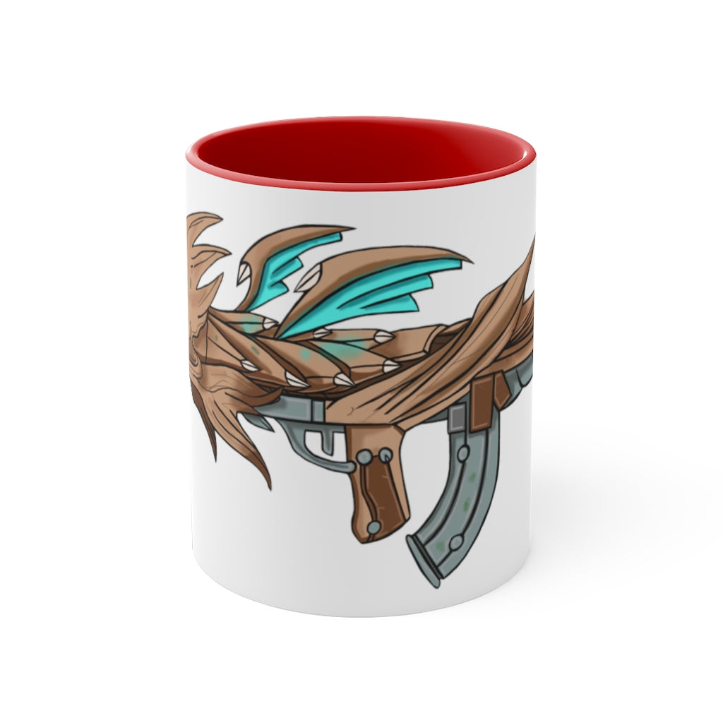 Blue Dragon Gun Accent Coffee Mug with a white ceramic exterior and colorful interior, featuring a comfortable C-handle.