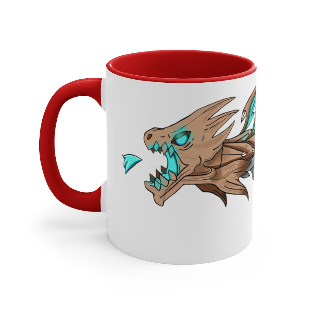 Blue Dragon Gun Accent Coffee Mug with a white ceramic exterior and colorful interior, featuring a comfortable C-handle.