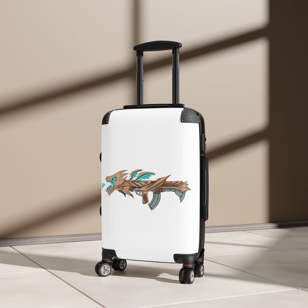 Blue Dragon Gun Cabin Suitcase featuring a personalized design, lightweight polycarbonate shell, and adjustable handle.