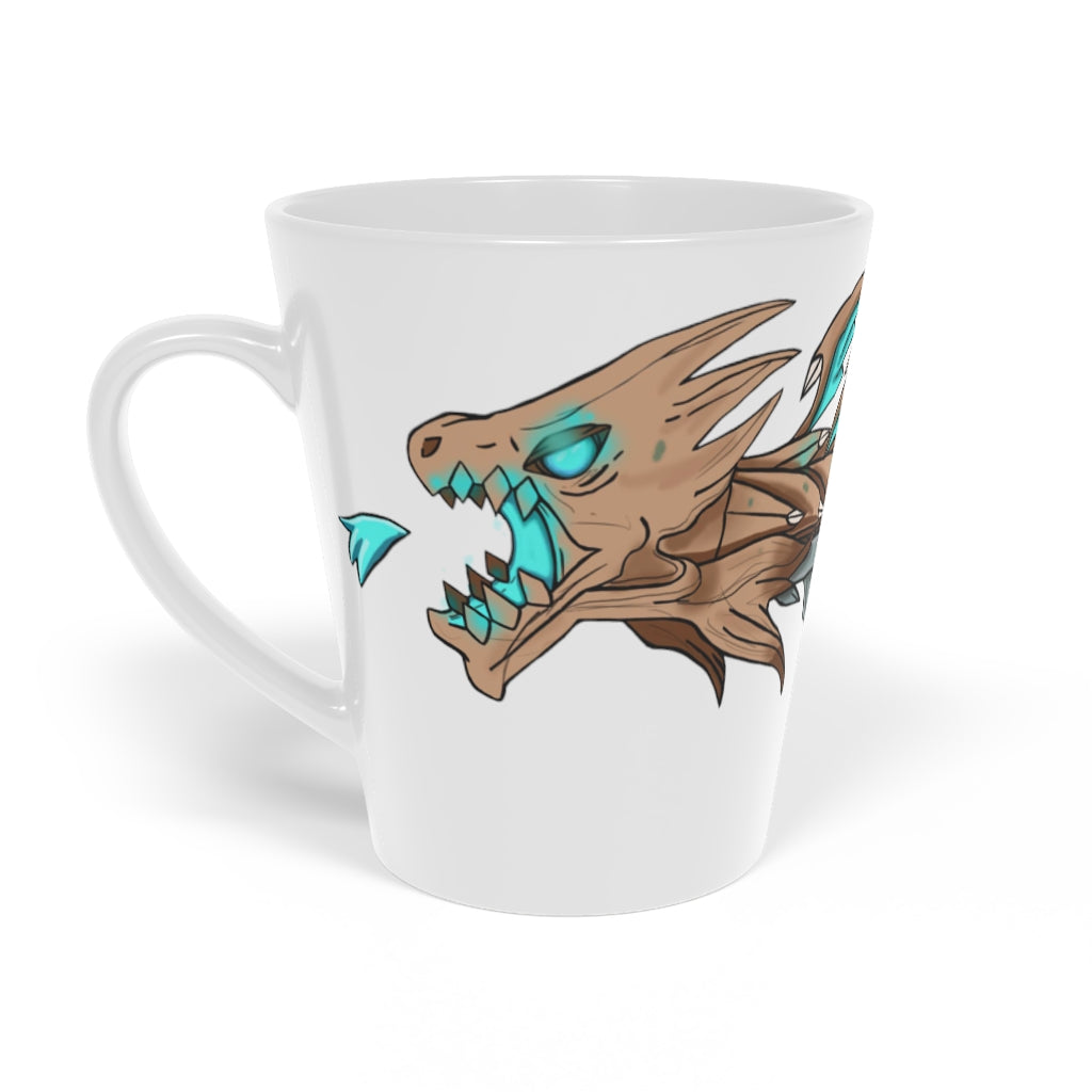 Blue Dragon Gun Latte Mug, 12oz, featuring a unique design and easy-grip handle, made from durable white ceramic.