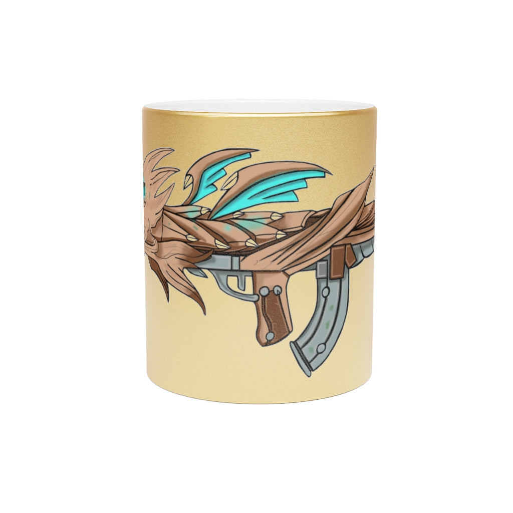 Blue Dragon Gun Metallic Mug in Silver and Gold finishes, showcasing a personalized design option on a ceramic material.