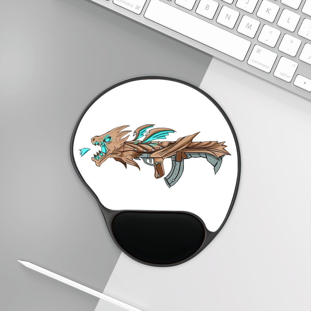 Blue Dragon Gun Mouse Pad featuring ergonomic Memory Foam wrist rest and custom-printed neoprene insert, designed for comfort and style.