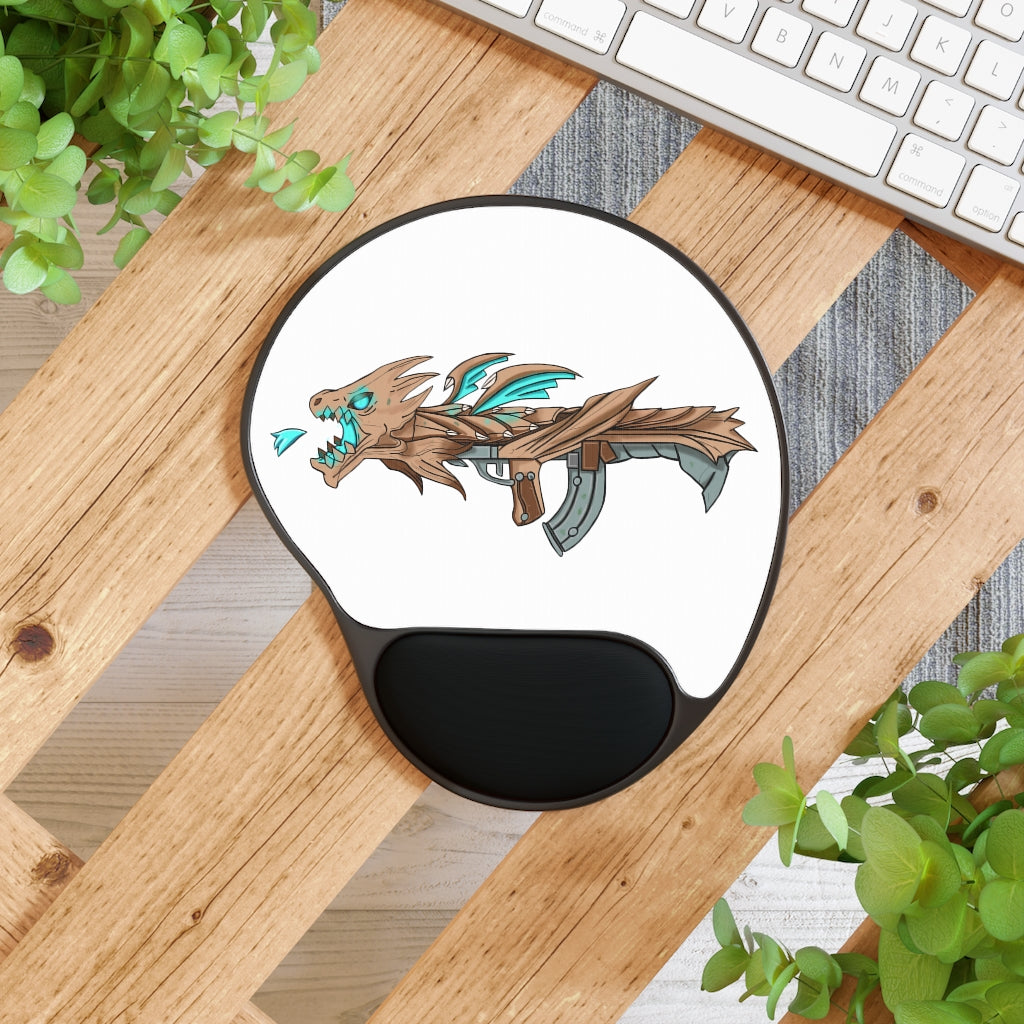 Blue Dragon Gun Mouse Pad featuring ergonomic Memory Foam wrist rest and custom-printed neoprene insert, designed for comfort and style.