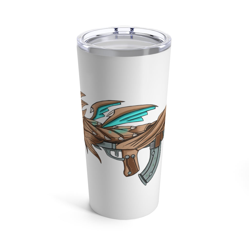 Blue Dragon Gun Tumbler 20oz with stainless steel body and see-thru plastic lid, featuring a unique blue dragon design.