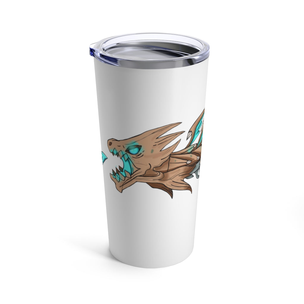 Blue Dragon Gun Tumbler 20oz with stainless steel body and see-thru plastic lid, featuring a unique blue dragon design.