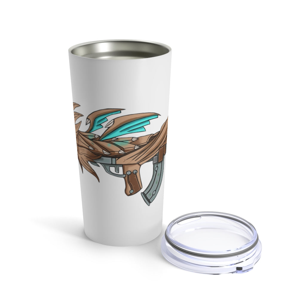 Blue Dragon Gun Tumbler 20oz with stainless steel body and see-thru plastic lid, featuring a unique blue dragon design.