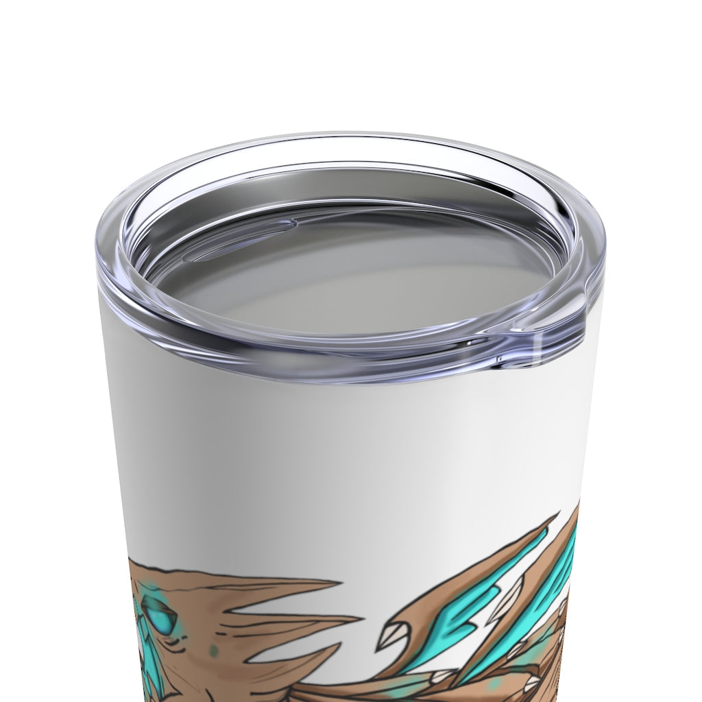 Blue Dragon Gun Tumbler 20oz with stainless steel body and see-thru plastic lid, featuring a unique blue dragon design.