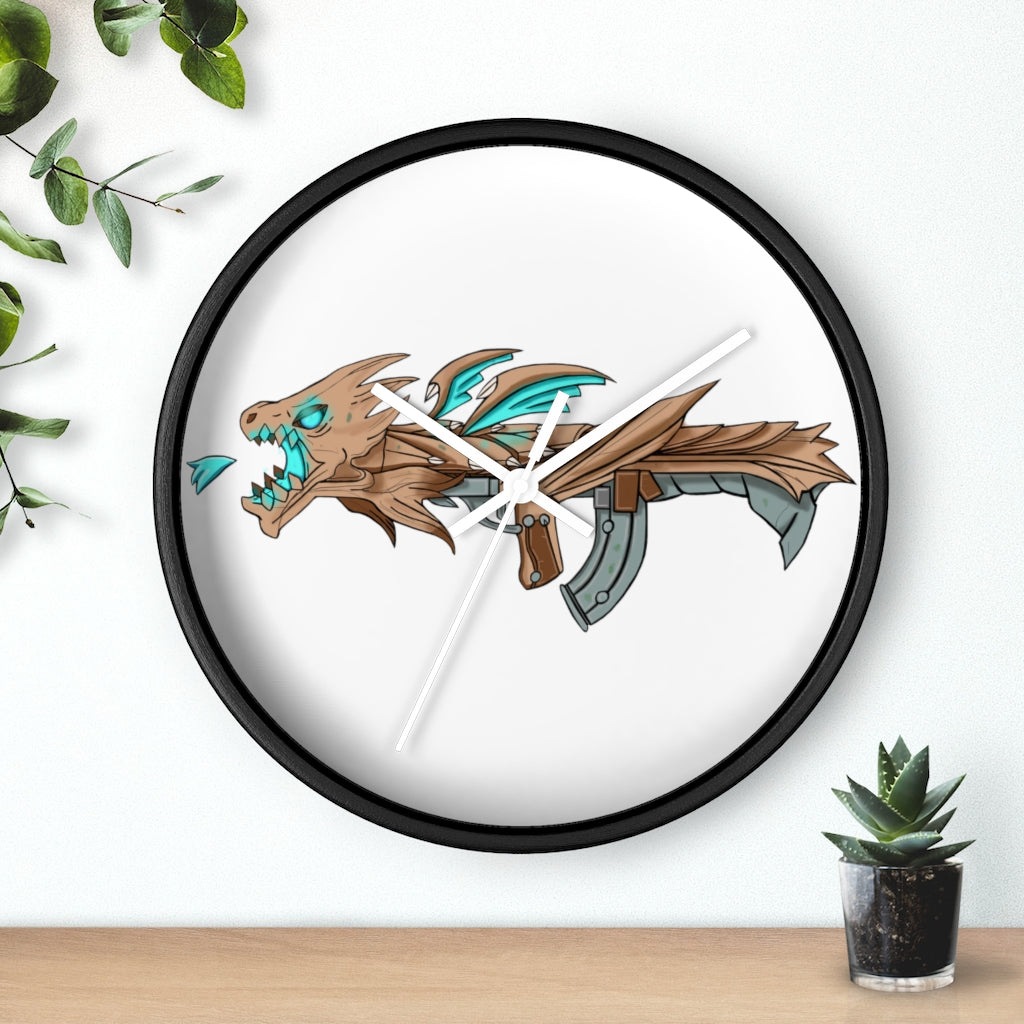 Blue Dragon Gun Wall Clock featuring a unique dragon design with a wooden frame and plexiglass face, ideal for indoor use.