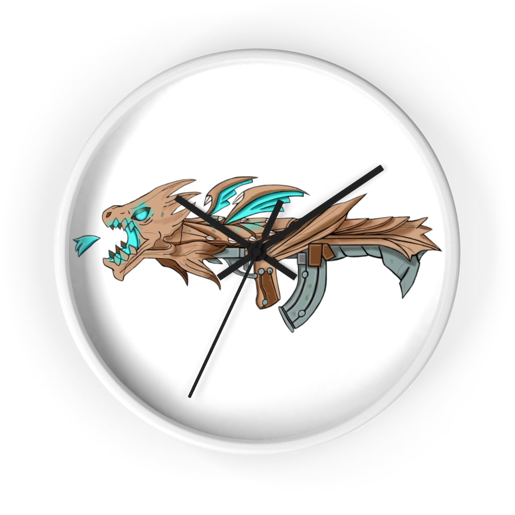 Blue Dragon Gun Wall Clock featuring a unique dragon design with a wooden frame and plexiglass face, ideal for indoor use.