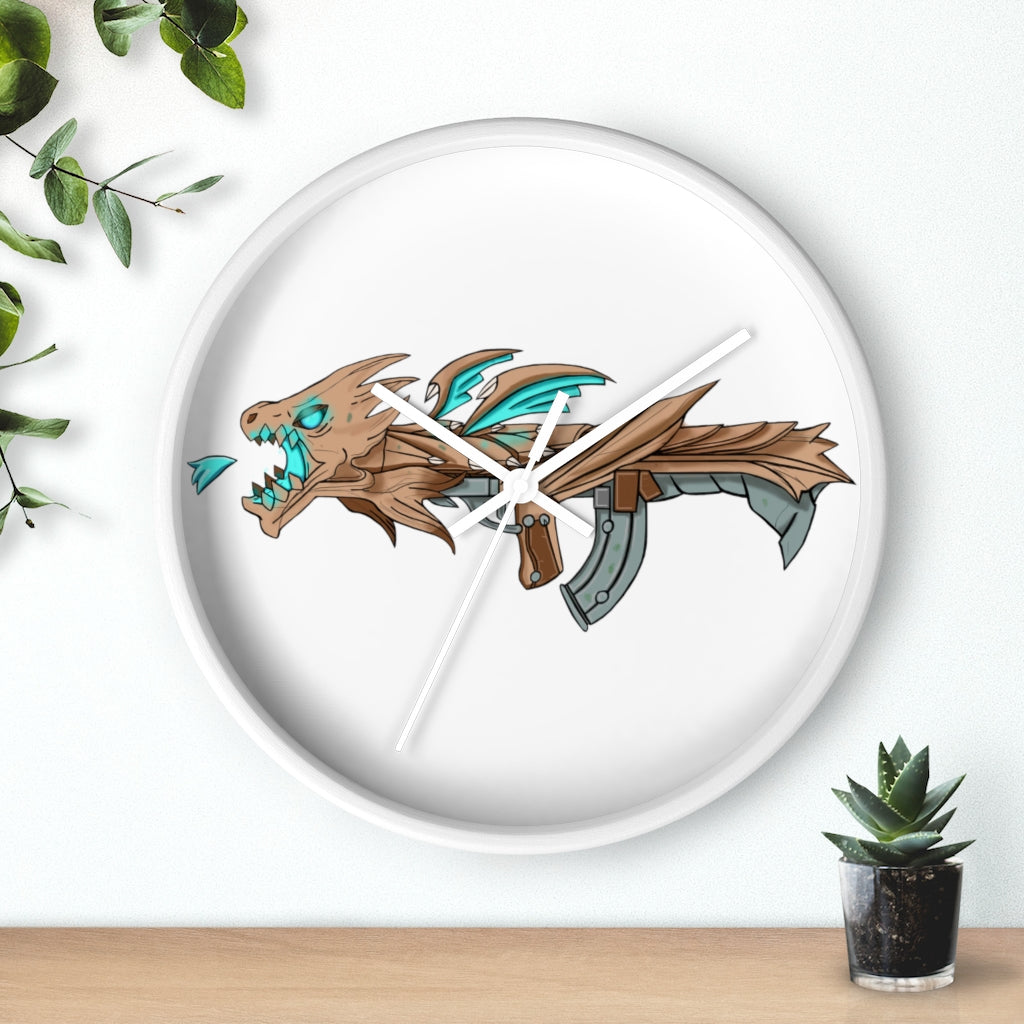 Blue Dragon Gun Wall Clock featuring a unique dragon design with a wooden frame and plexiglass face, ideal for indoor use.