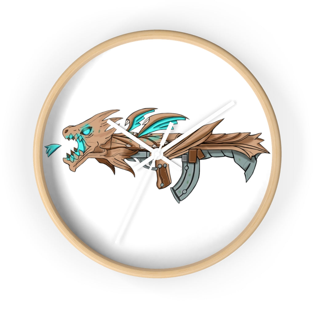 Blue Dragon Gun Wall Clock featuring a unique dragon design with a wooden frame and plexiglass face, ideal for indoor use.