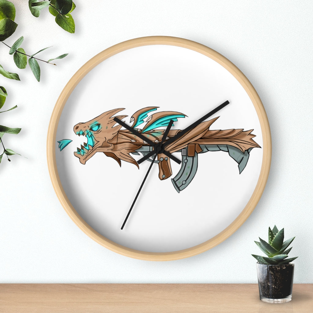 Blue Dragon Gun Wall Clock featuring a unique dragon design with a wooden frame and plexiglass face, ideal for indoor use.