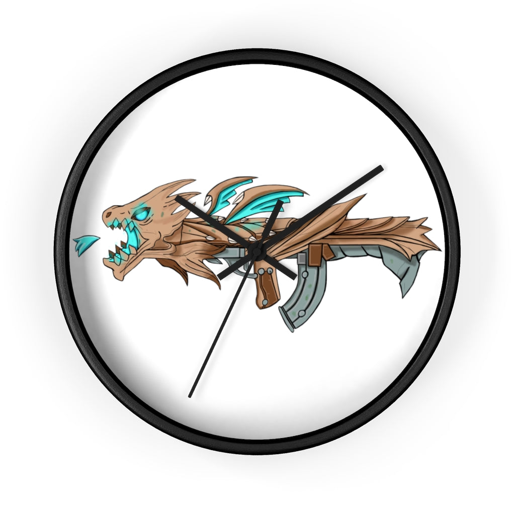 Blue Dragon Gun Wall Clock featuring a unique dragon design with a wooden frame and plexiglass face, ideal for indoor use.