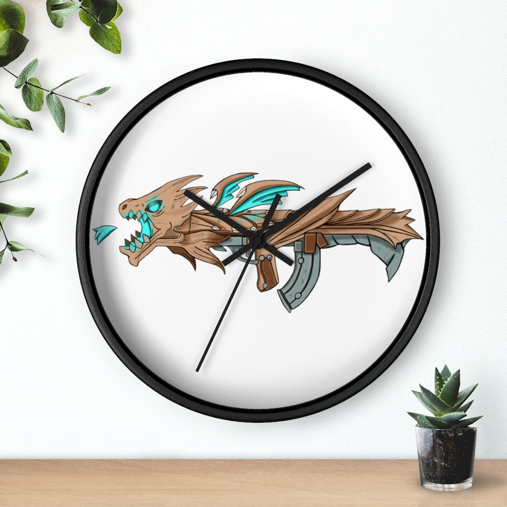 Blue Dragon Gun Wall Clock featuring a unique dragon design with a wooden frame and plexiglass face, ideal for indoor use.