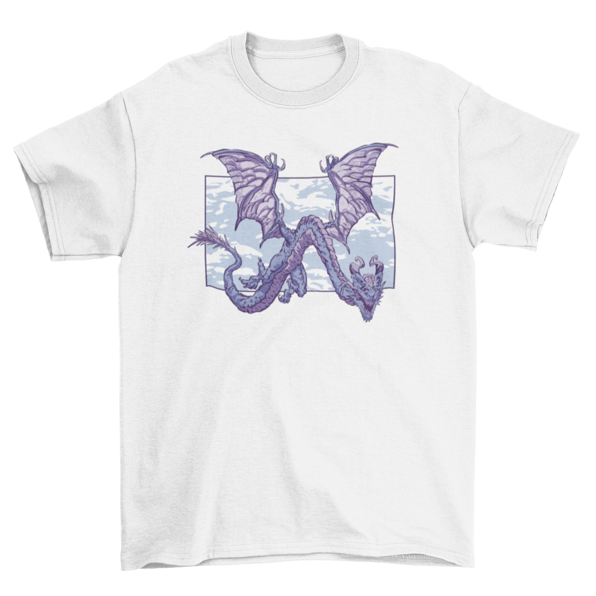 A stylish blue t-shirt featuring a detailed blue dragon flying against a bright blue sky.