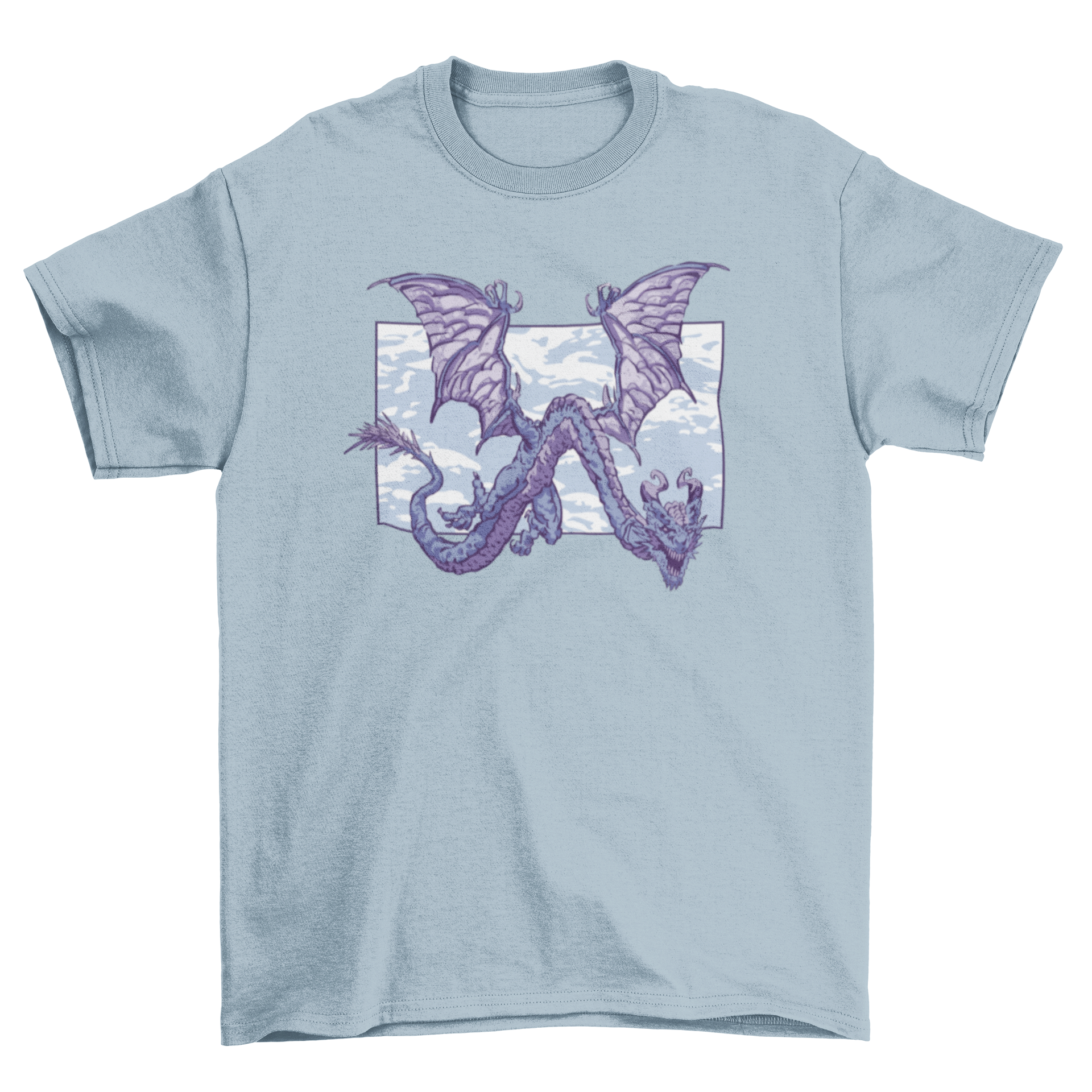 A stylish blue t-shirt featuring a detailed blue dragon flying against a bright blue sky.