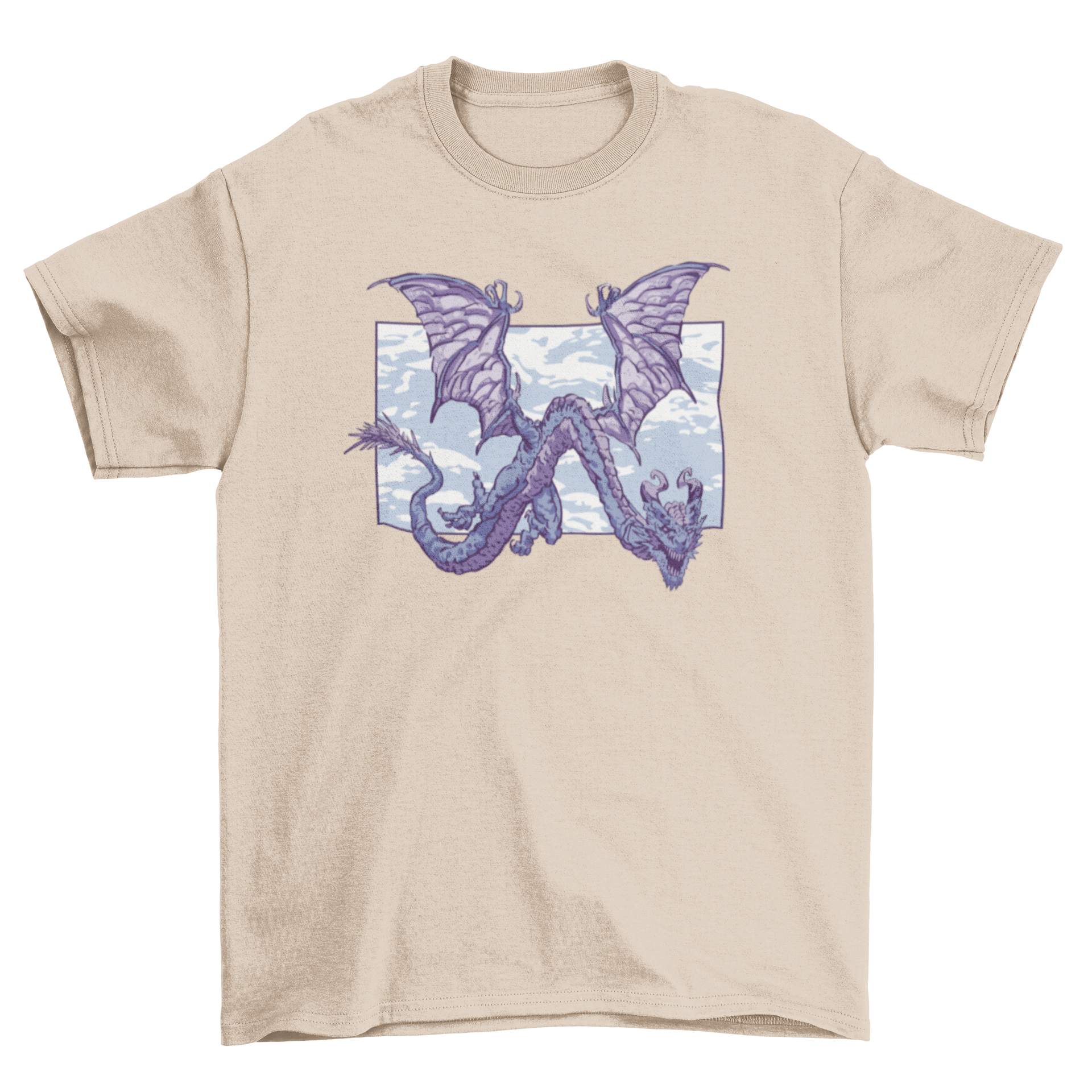 A stylish blue t-shirt featuring a detailed blue dragon flying against a bright blue sky.