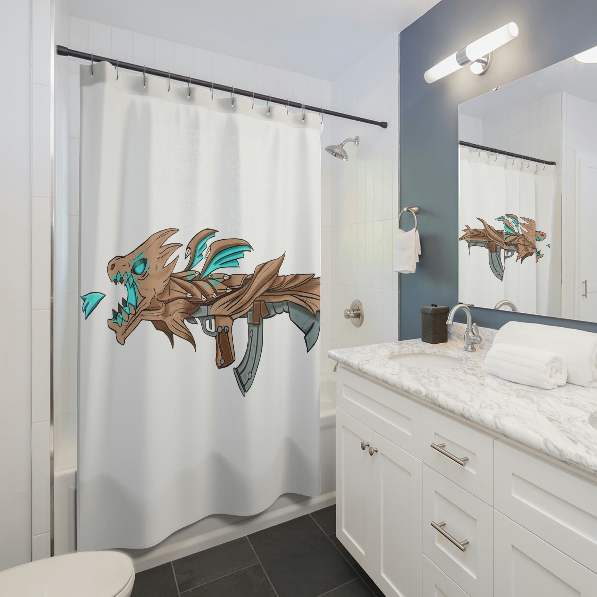 Blue Dragon Weapon Shower Curtain featuring a vibrant dragon design on durable polyester fabric, perfect for bathroom decor.