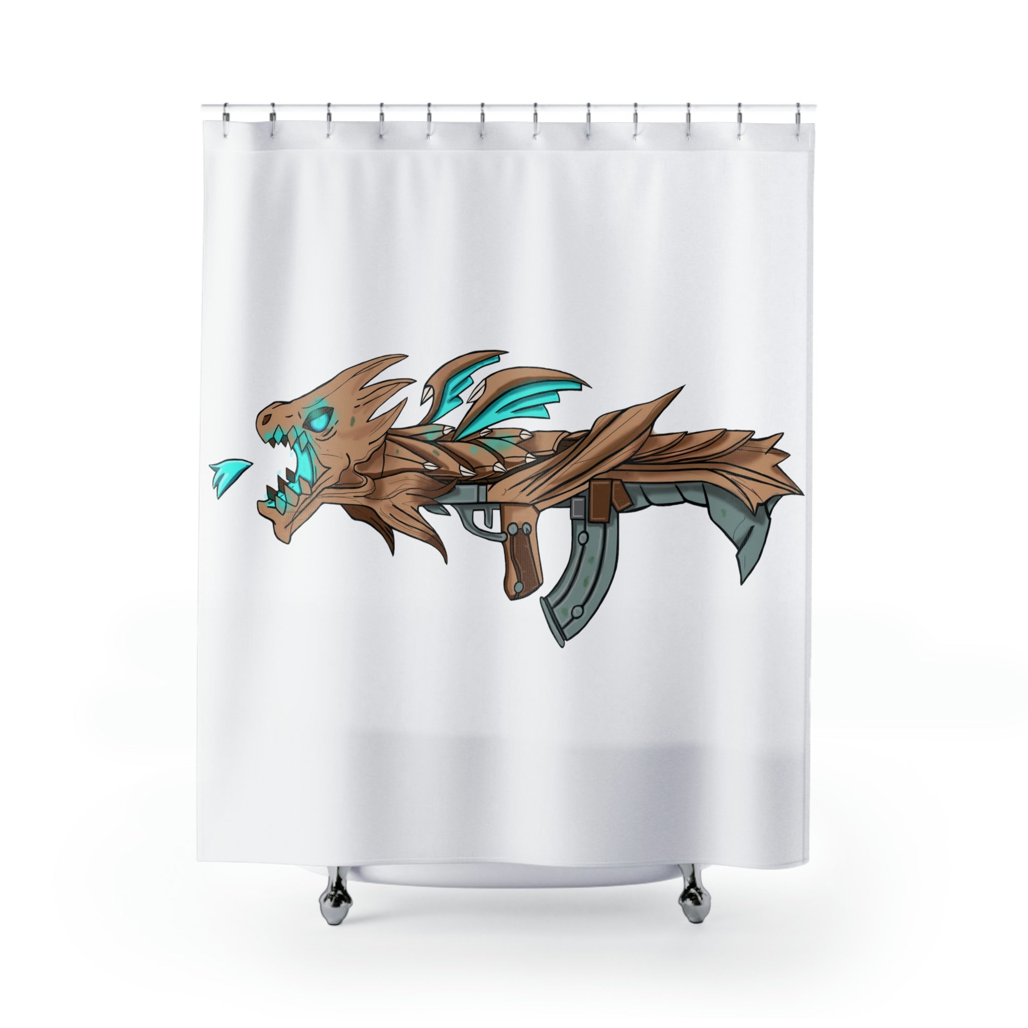 Blue Dragon Weapon Shower Curtain featuring a vibrant dragon design on durable polyester fabric, perfect for bathroom decor.