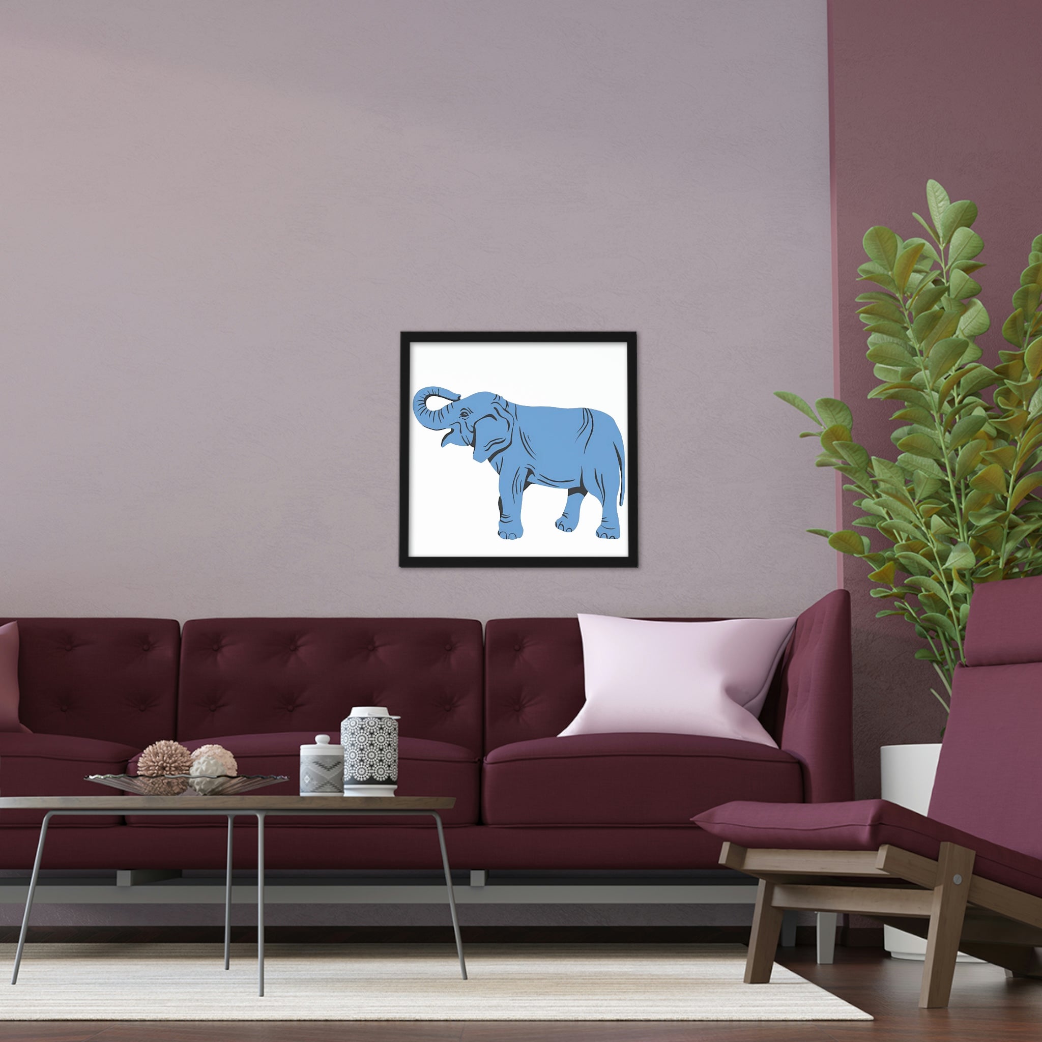 A beautifully framed poster featuring a blue elephant design, set in a hand-crafted wooden frame, ready for hanging.