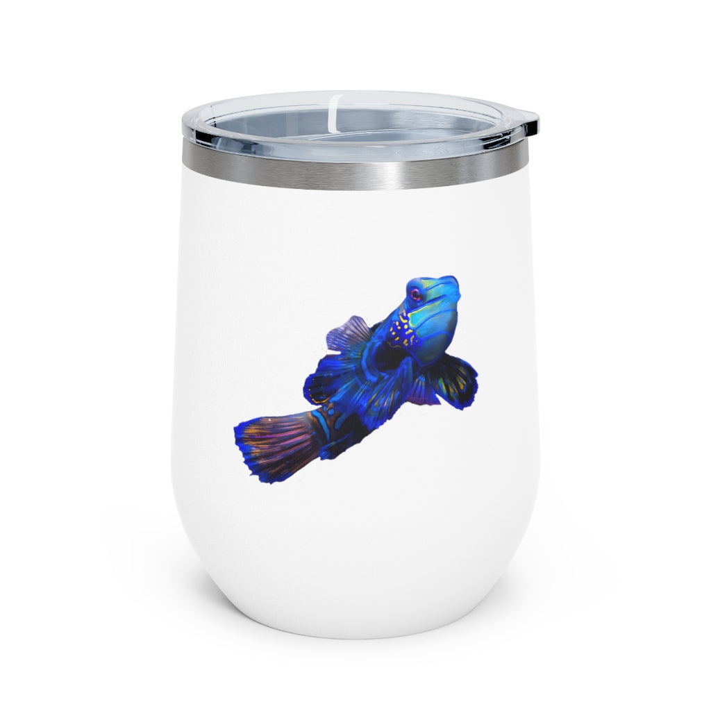 Blue Fish 12oz Insulated Wine Tumbler with clear lid, showcasing a stylish design and stainless steel construction.