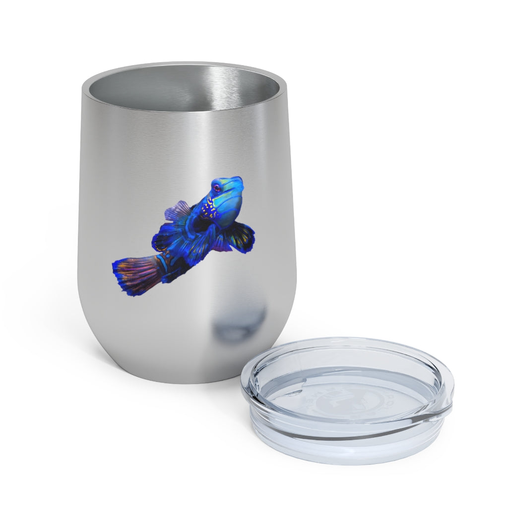 Blue Fish 12oz Insulated Wine Tumbler with clear lid, showcasing a stylish design and stainless steel construction.