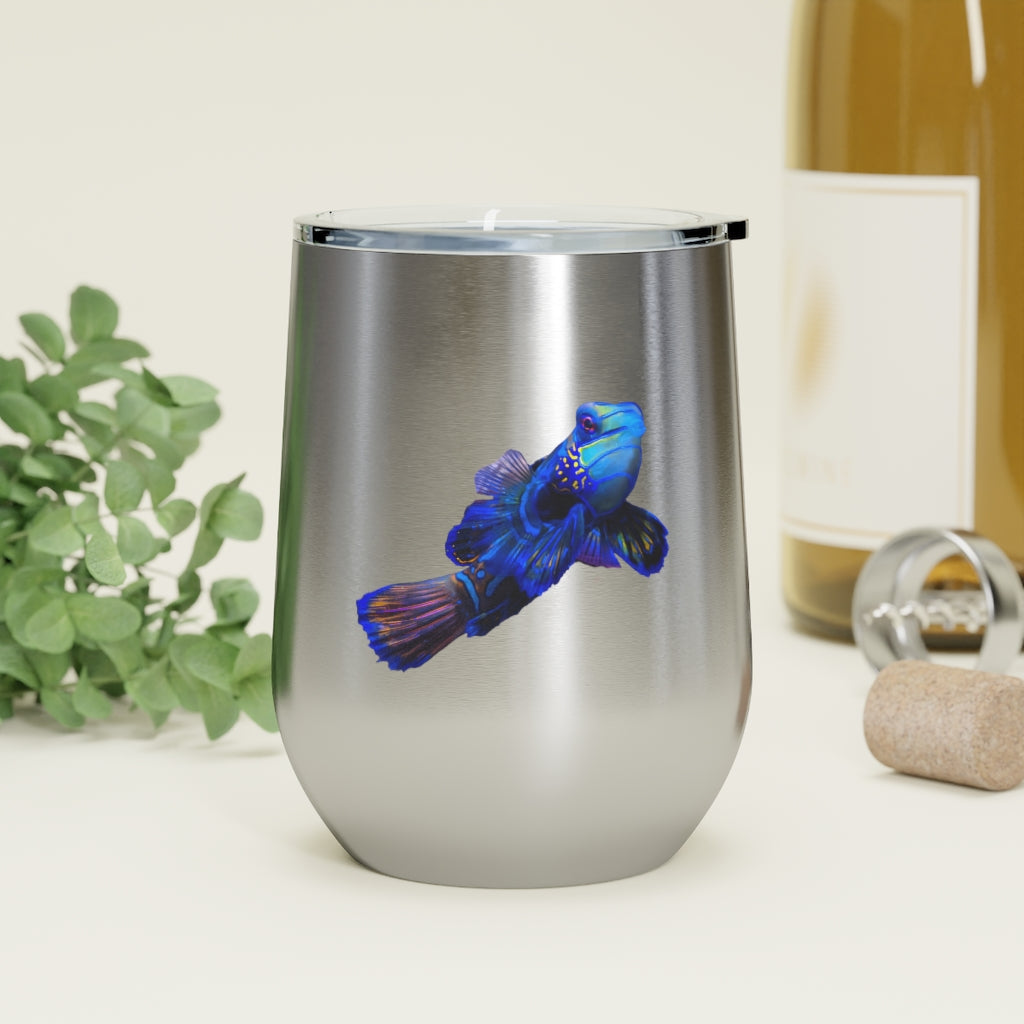 Blue Fish 12oz Insulated Wine Tumbler with clear lid, showcasing a stylish design and stainless steel construction.