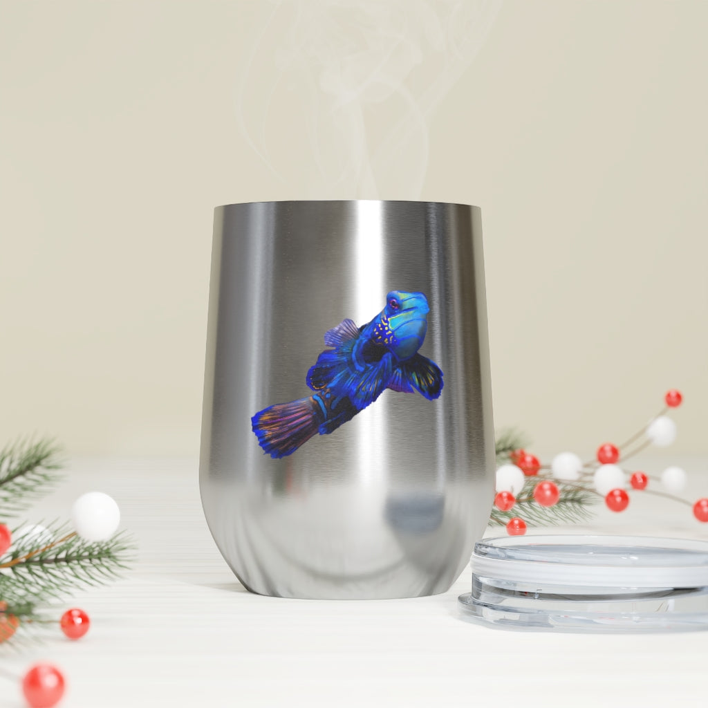 Blue Fish 12oz Insulated Wine Tumbler with clear lid, showcasing a stylish design and stainless steel construction.