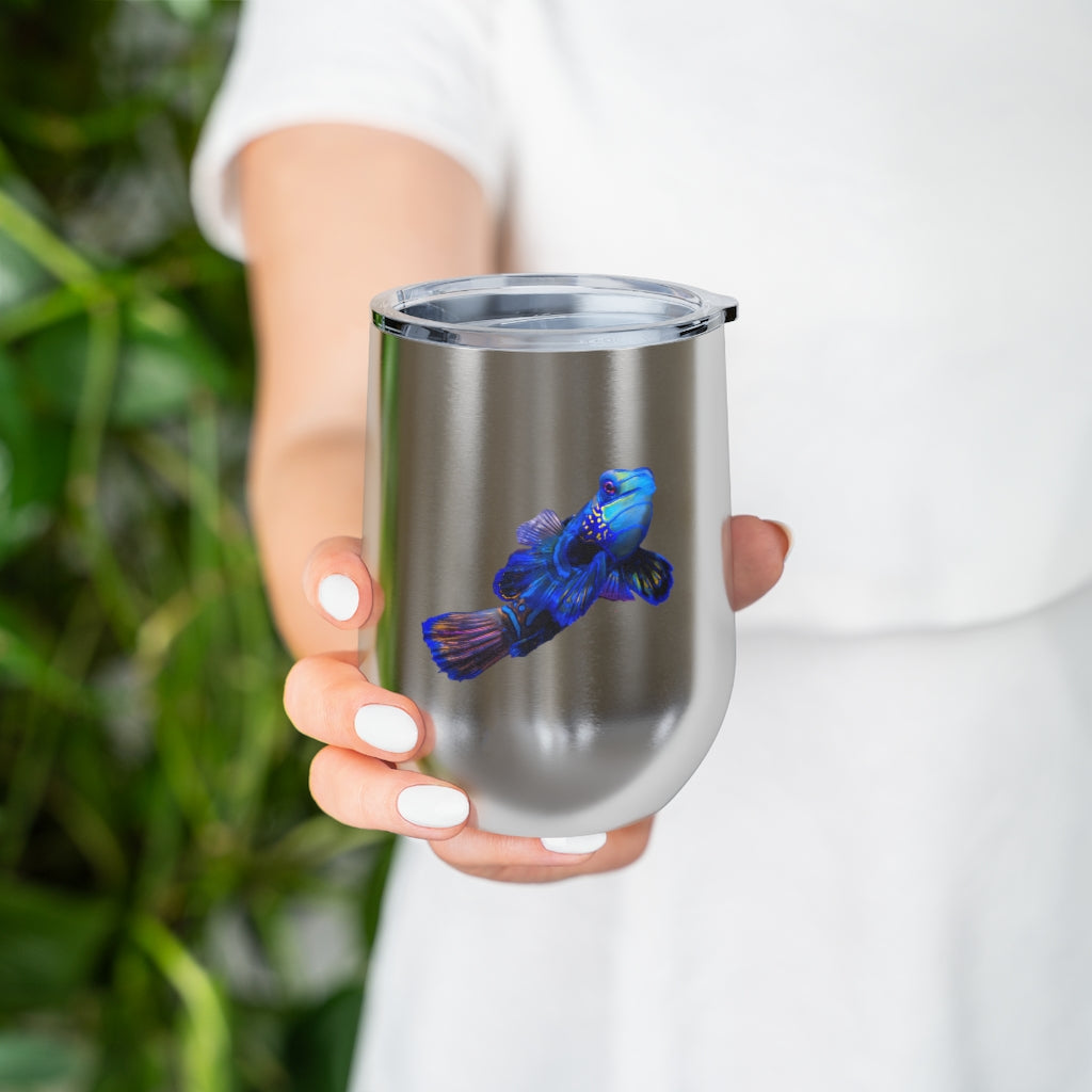 Blue Fish 12oz Insulated Wine Tumbler with clear lid, showcasing a stylish design and stainless steel construction.