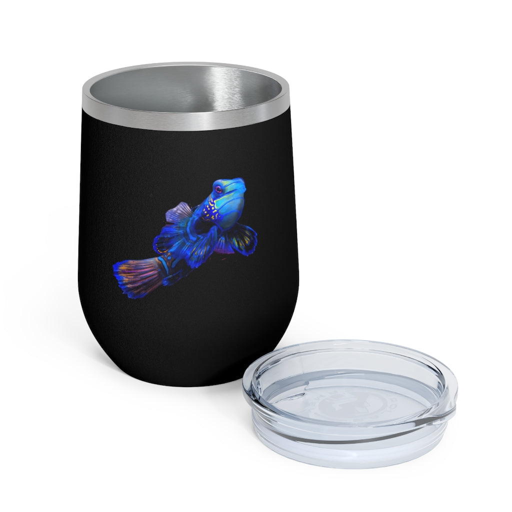 Blue Fish 12oz Insulated Wine Tumbler with clear lid, showcasing a stylish design and stainless steel construction.