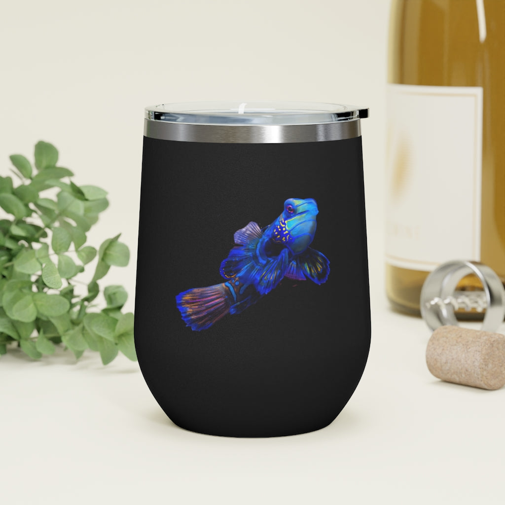 Blue Fish 12oz Insulated Wine Tumbler with clear lid, showcasing a stylish design and stainless steel construction.