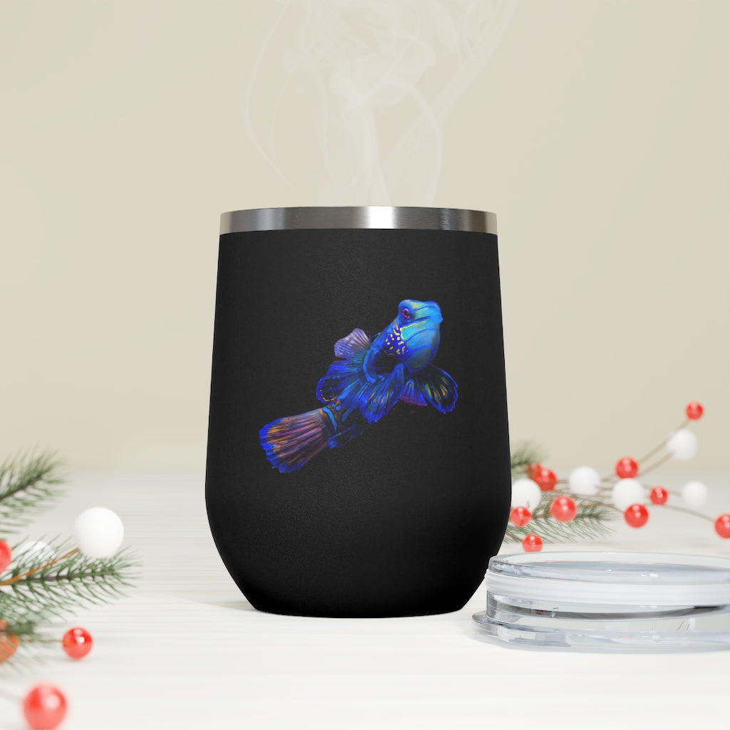 Blue Fish 12oz Insulated Wine Tumbler with clear lid, showcasing a stylish design and stainless steel construction.