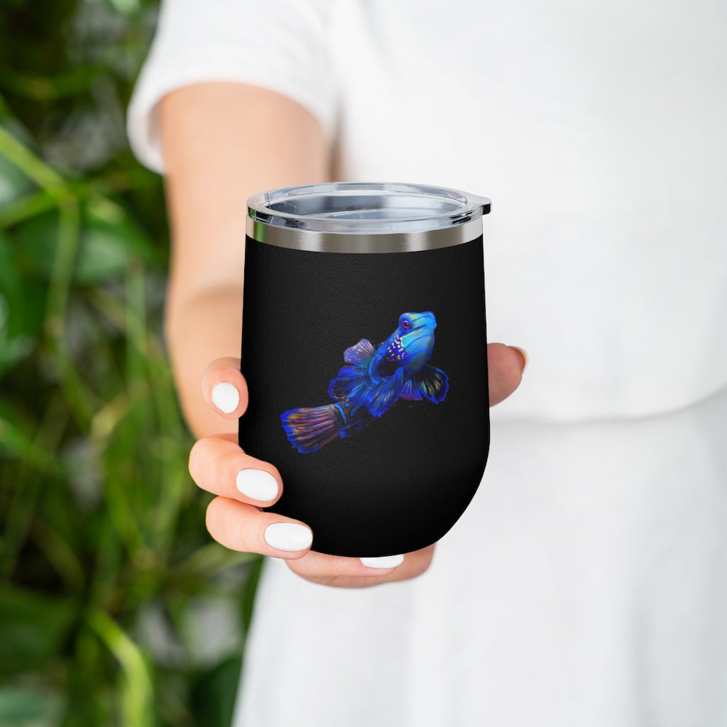 Blue Fish 12oz Insulated Wine Tumbler with clear lid, showcasing a stylish design and stainless steel construction.