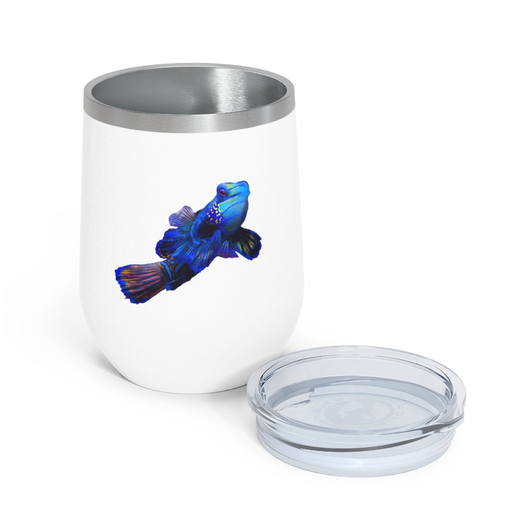 Blue Fish 12oz Insulated Wine Tumbler with clear lid, showcasing a stylish design and stainless steel construction.