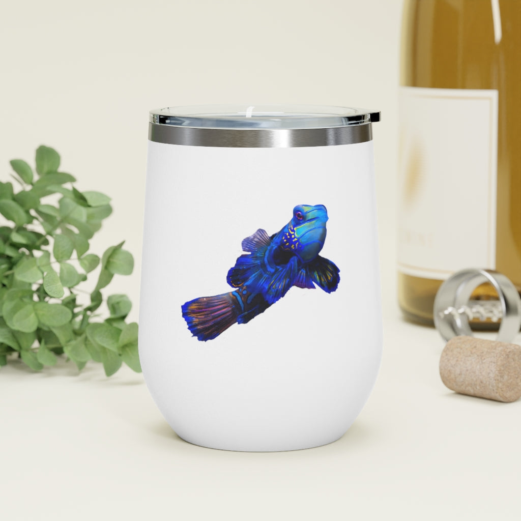 Blue Fish 12oz Insulated Wine Tumbler with clear lid, showcasing a stylish design and stainless steel construction.