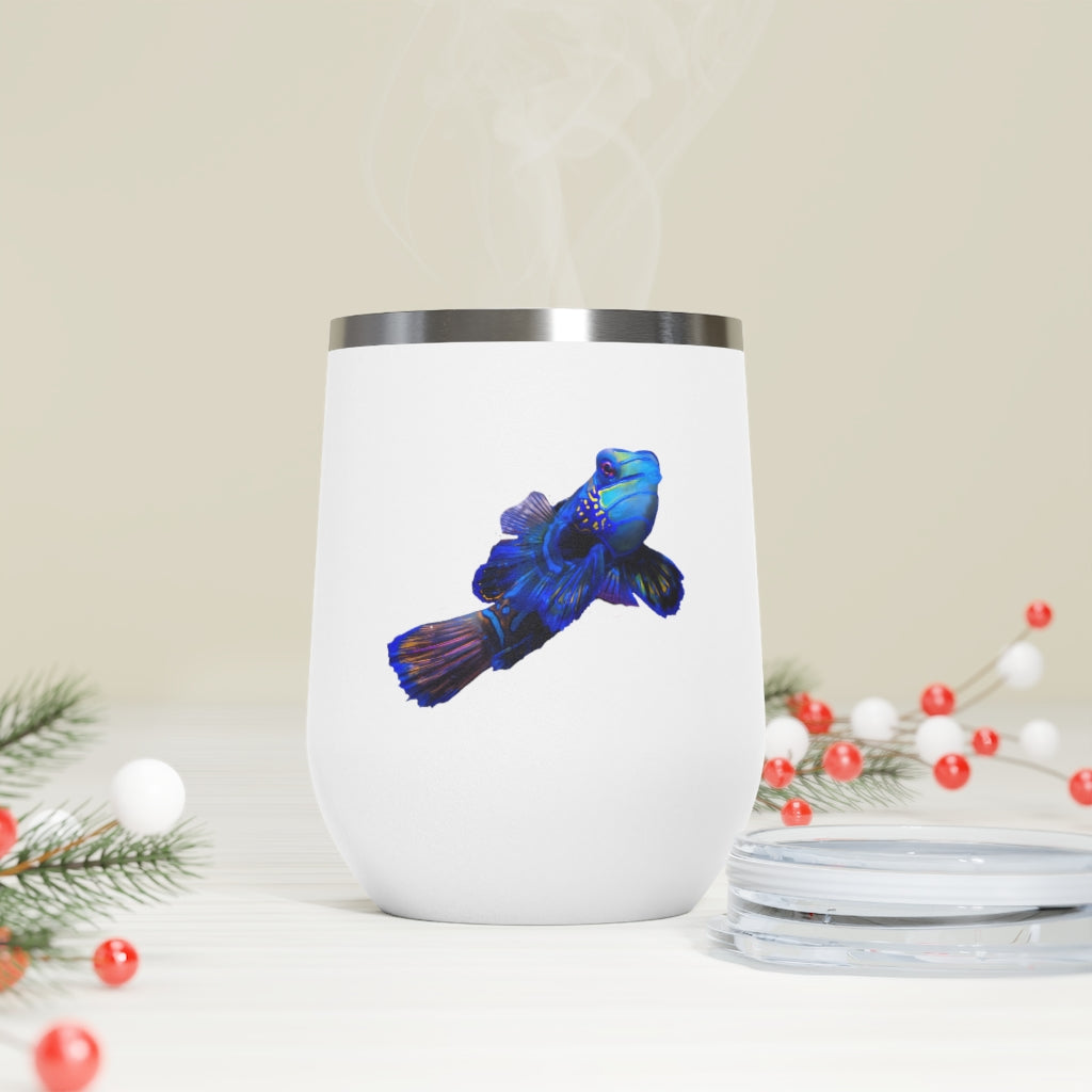 Blue Fish 12oz Insulated Wine Tumbler with clear lid, showcasing a stylish design and stainless steel construction.