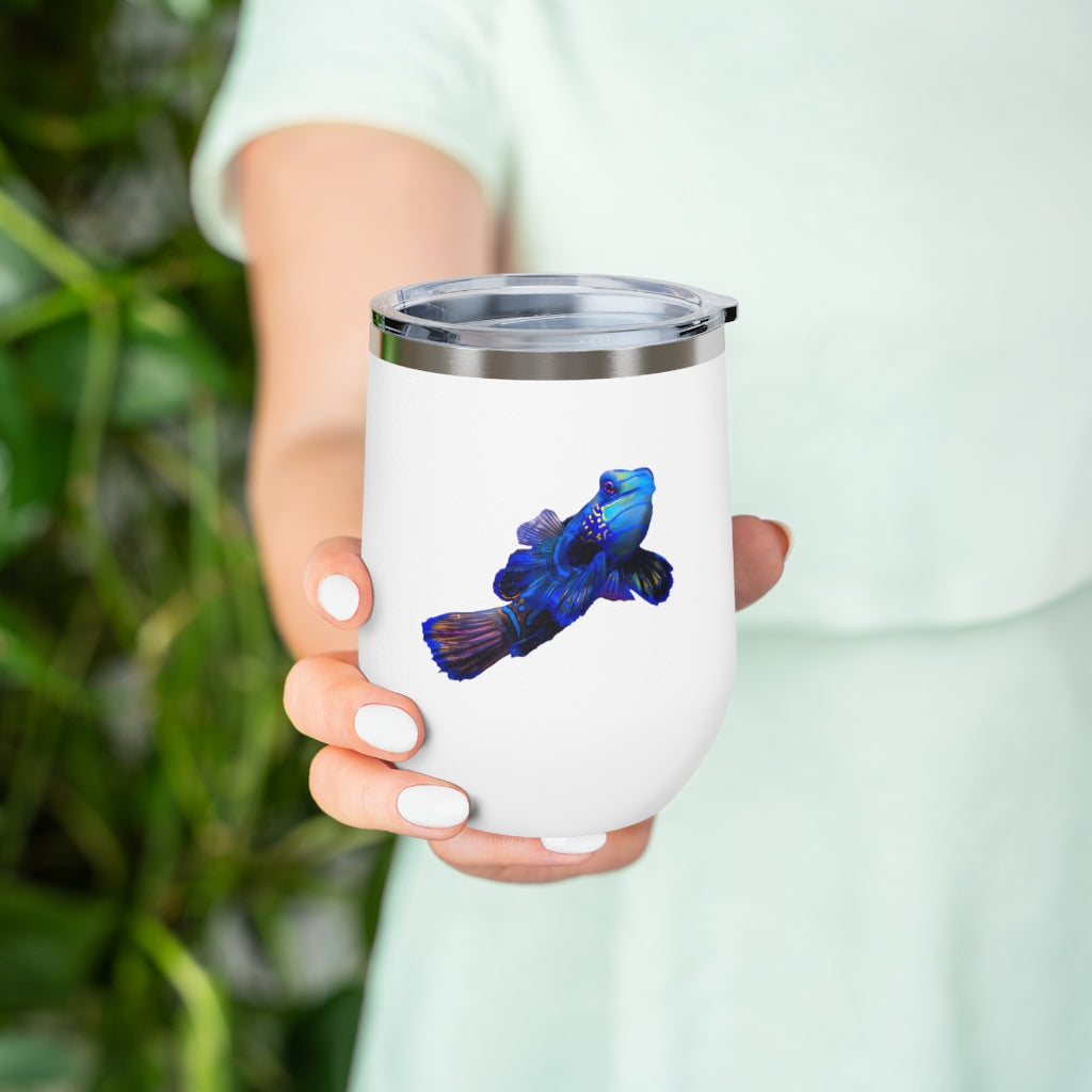 Blue Fish 12oz Insulated Wine Tumbler with clear lid, showcasing a stylish design and stainless steel construction.