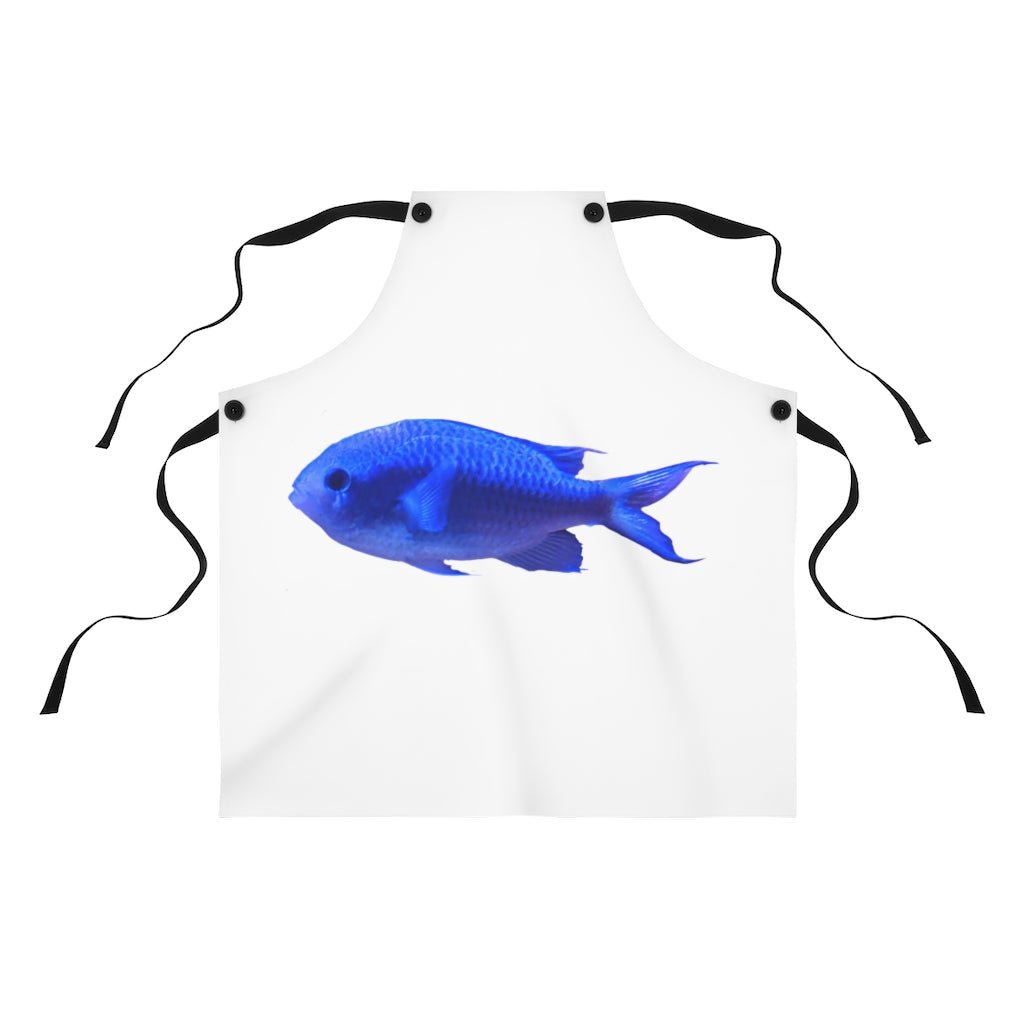 Stylish Blue Fish Apron made of durable polyester with black detachable twill straps, perfect for cooking and backyard cookouts.